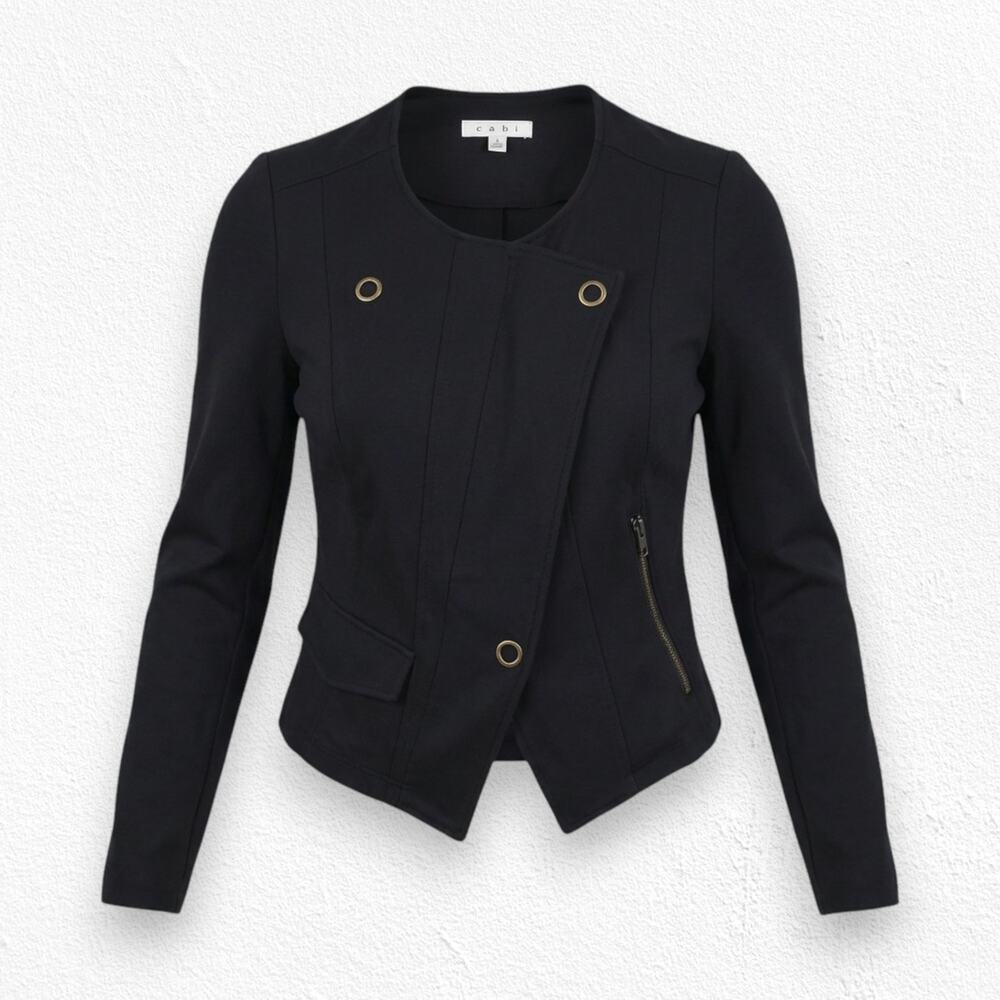 Y2K CAbi Black Ponte Asymmetrical Full Zip Classic Moto Knit Jacket Size Small